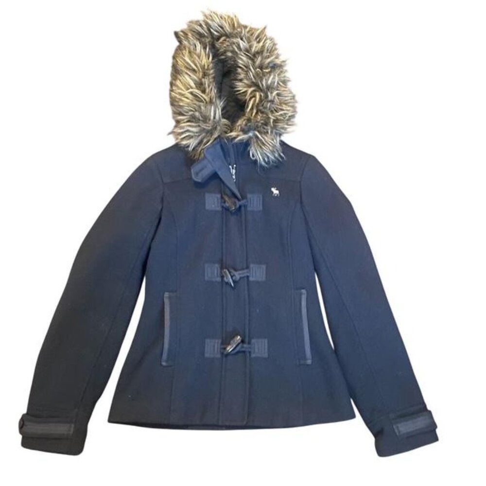 Y2K Abercrombie & Fitch Toggle Jacket Fur Hood Womens M Vintage Navy Blue Wool